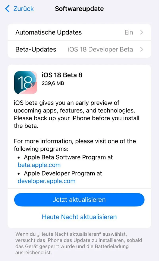 宿州苹果手机维修分享苹果 iOS / iPadOS 18 开发者预览版 Beta 8 发布 